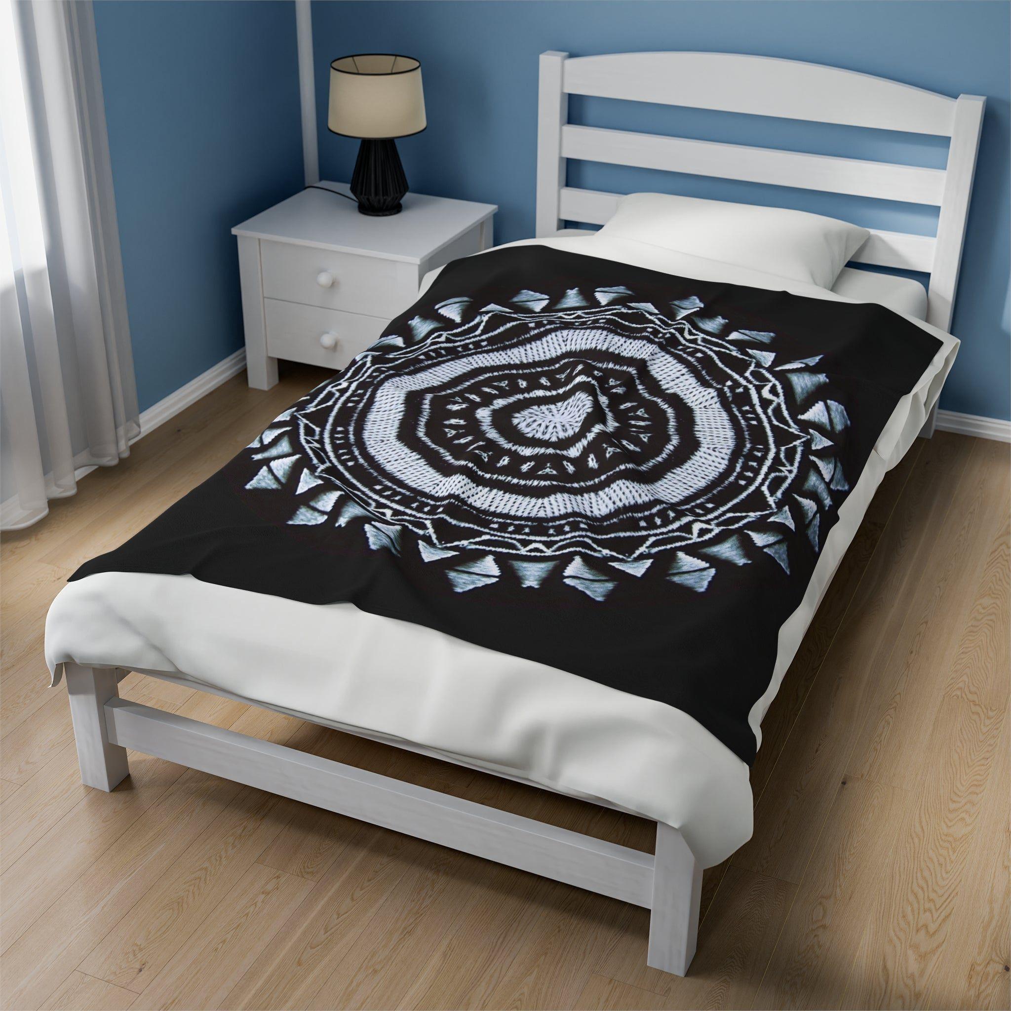 “MAYA” Cymatic Print Velveteen Blanket (Black)