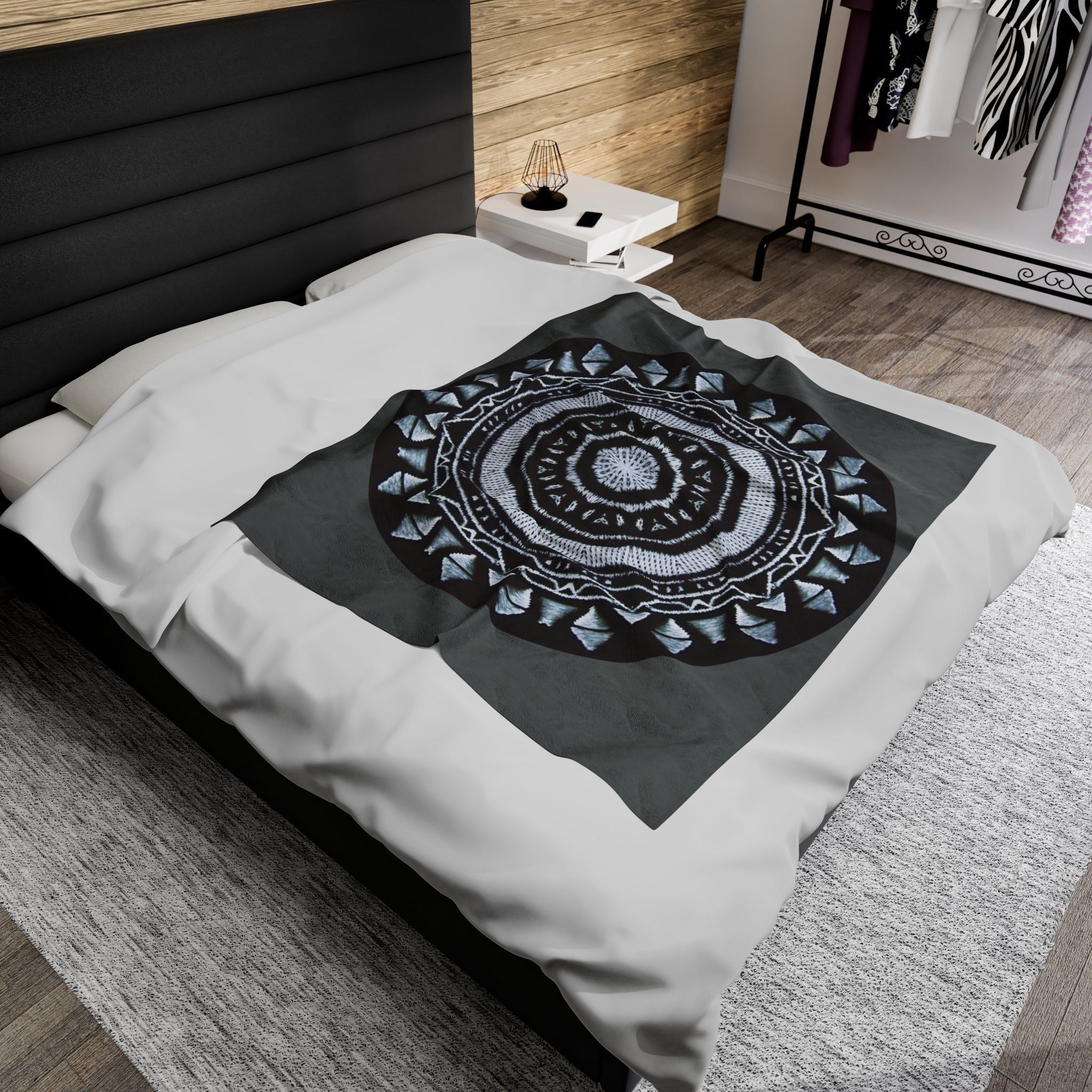 “MAYA” Cymatic Print Velveteen Blanket (Dark Grey)