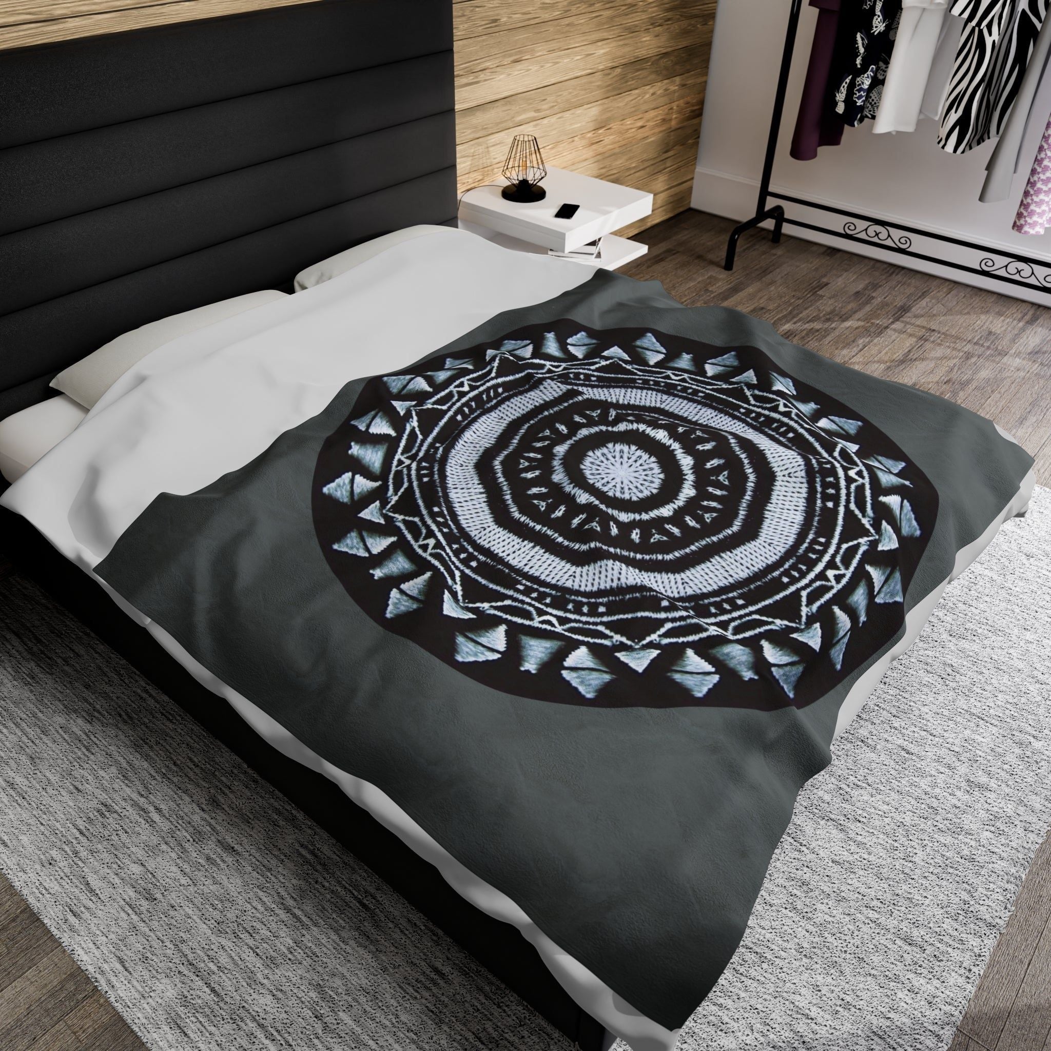 “MAYA” Cymatic Print Velveteen Blanket (Dark Grey)