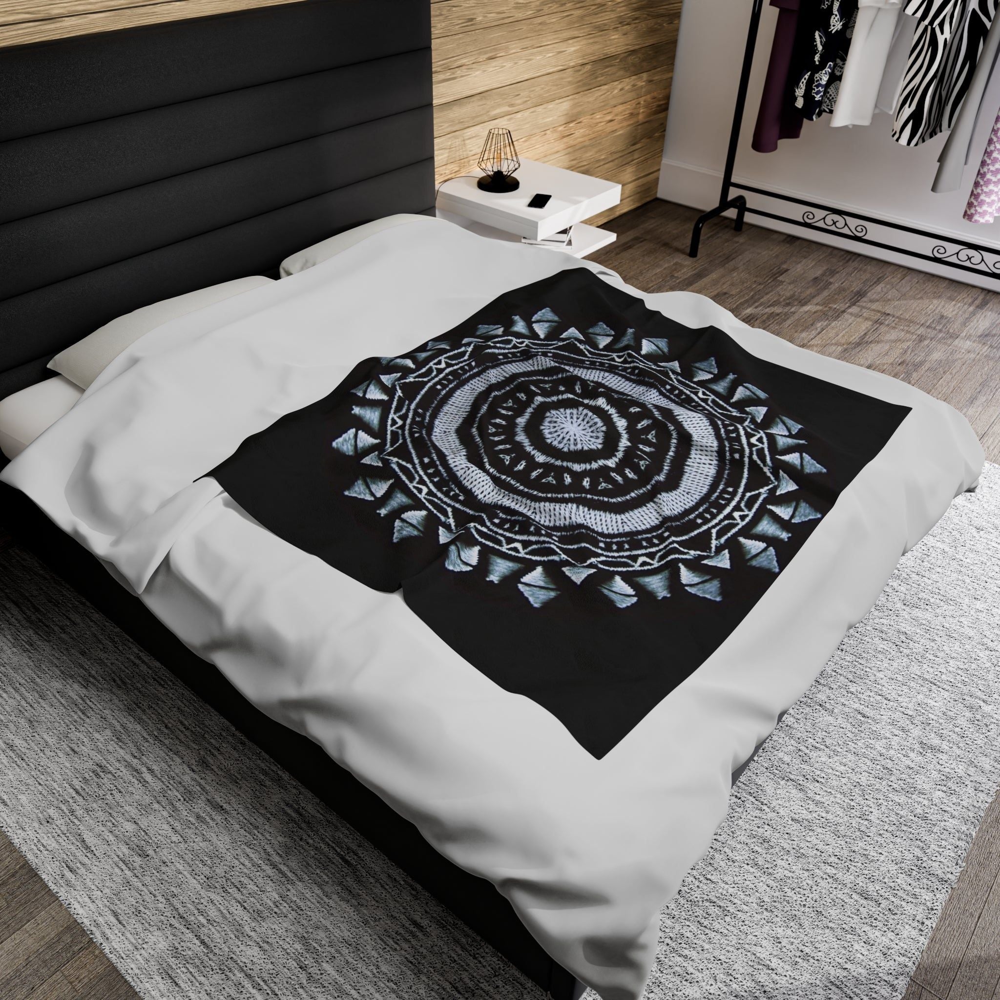 “MAYA” Cymatic Print Velveteen Blanket (Black)
