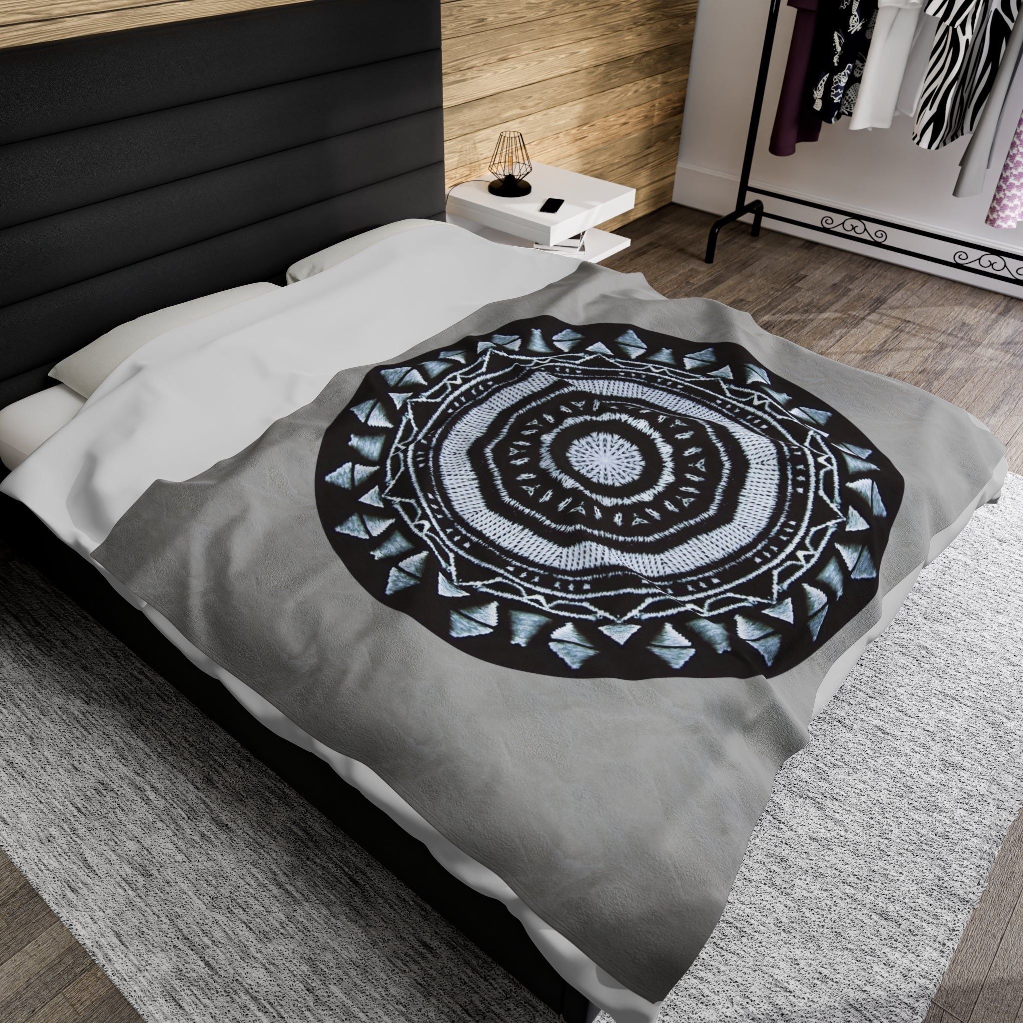 “MAYA” Cymatic Print Velveteen Blanket (Grey)